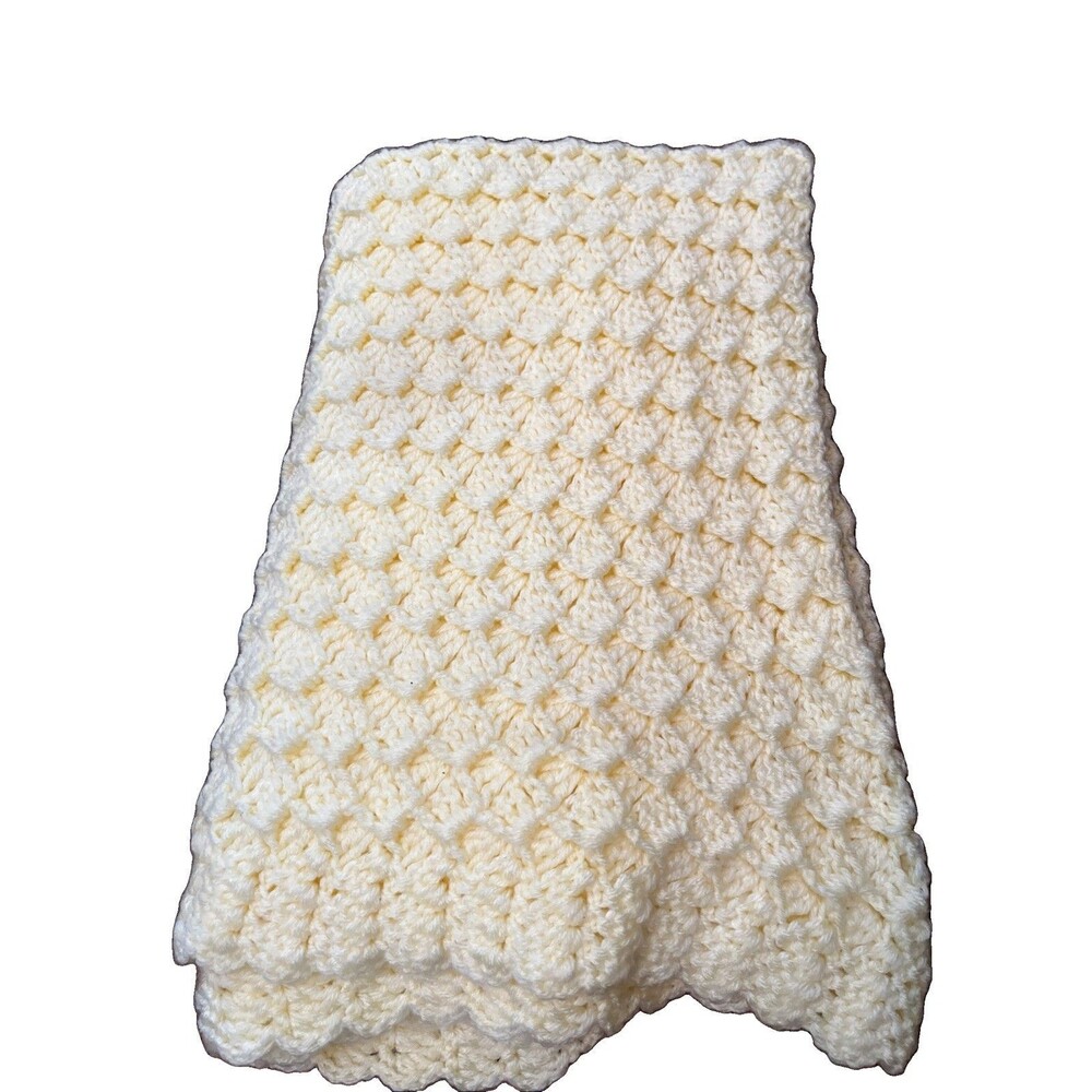 Handmade Warm Buttery Yellow Crochet Baby Blanket Shells Pattern Knitted 50x35
